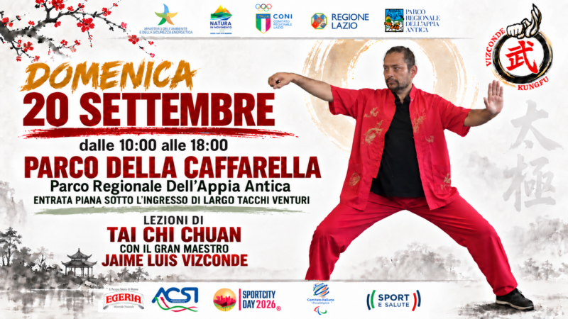 Lezione di Tai Chi Chuan con il Gran Maestro Jaime Luis Vizconde al Parco della Caffarella il 20 settembre 2026